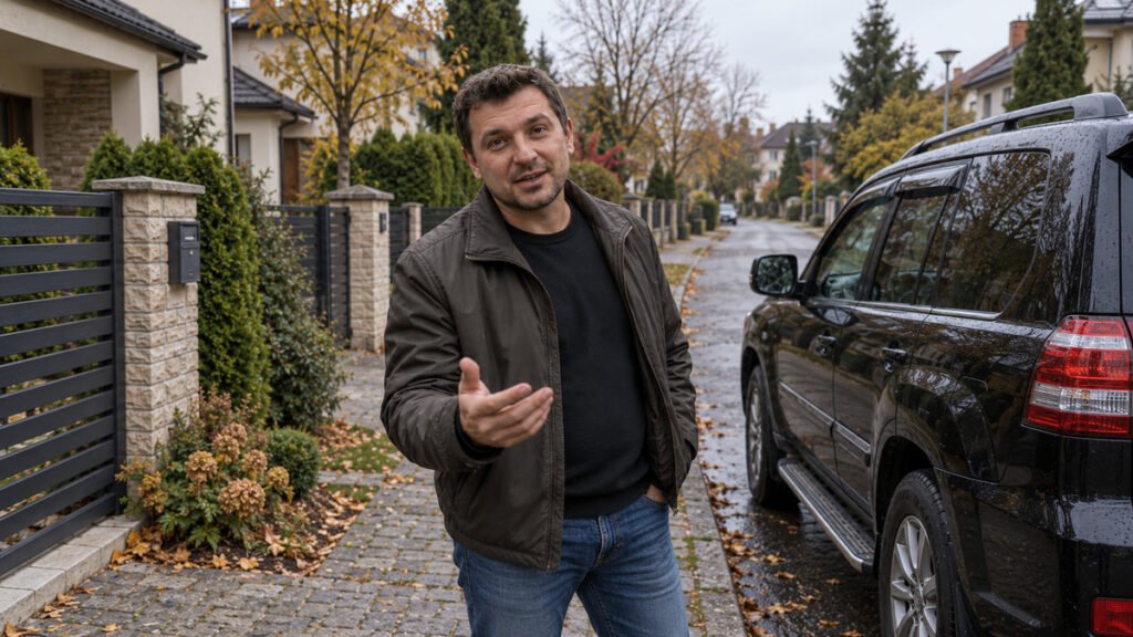 A man gestures during a casual conversation on a suburban driveway, illustrating how an old friend can unknowingly become a flying monkey.